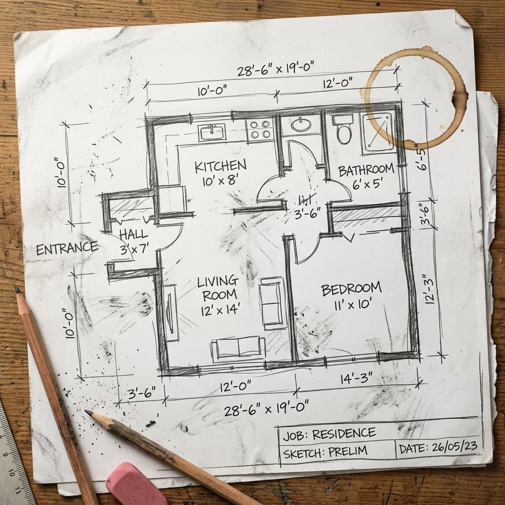 Before: Rough hand-drawn architectural sketch